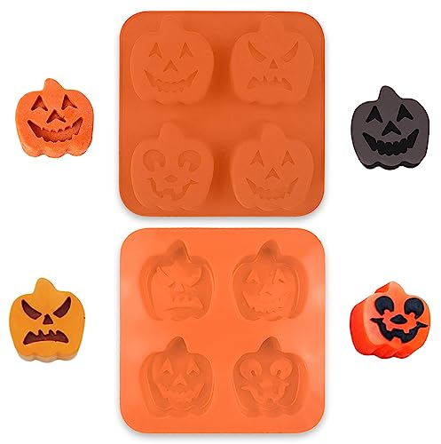 Halloween Chocolate Silicone Molds, 2 Pcs 4-Cavity Pumpkin Ice Cube Tray Molds, Perfect for Halloween Baking DIY Decorations for Chocolate Covered Oreos, Cake, Candy, Pudding, Soap, Jelly, Cocoa Bomb