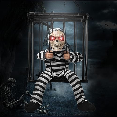 Animierte Halloween-Dekorationen, schreiende Halloween-Dekor-Requisiten mit Bewegungsmelder, gruseliger Totenkopfkäfig, Gefangene Spukhaus-Dekor mit gruseligen Geräuschen und leuchtenden Augen (A)