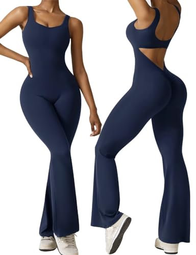 Vertvie Damen Jumpsuit Flared Eng Scrunch Butt Bodysuit Lang Yoga Ärmellos Overall Sport Rückenfrei Einteiler Bootcut Onepiece Ganzkörperanzug Sexy Playsuits Gym Workout Bodycon,Blau,S