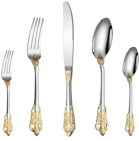 Yurosiay Ensemble de Couverts 5 Pcs Vintage Couverts de Table en Acier Inoxydable Poli Miroir Ménagère Couverts Robuste Couverts de Service Couverts de Style Palais pour la Maison Party Doré
