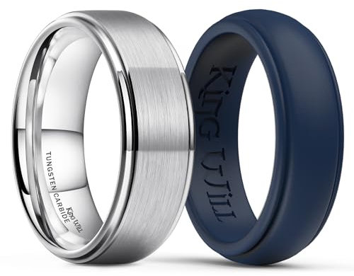 King Will Silicone Rings for Men 8mm Tungsten Wedding Band - Men's Wedding Ring Set - Rubber Wedding Bands, and Workout Rings for Men with Step Edge Design - Available in Blue 13