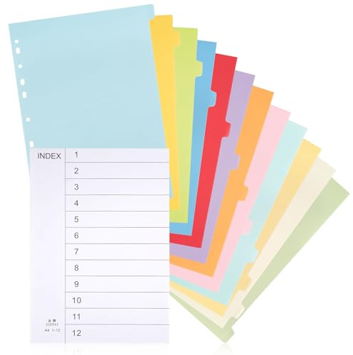 A4 Paper File Dividers 12 Tabs, 5 Pack Color Folder Divider for Ring Binder | 12-tab dividers; quick subject sorting; fits A4 ring binders and lever-arch files, ideal for office or study organisation