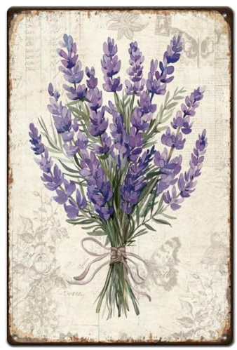 SUPERDANT Plaque Metal Vintage Violet Lavande Bouquet de Fleurs Plaque Vintage Metal Thème Botanique Plaque Decorative Metal Affiche D'Art Mural Grotte D'Homme Plaque Murale Decorative