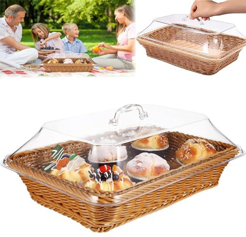 Wicker Basket With Acrylic Lid,Wicker Basket With Acrylic Cover,Wicker Basket With Lid for Food,Wicker Storage Basket,Woven Bread Picnic Basket Wicker Bread Basket for Serving