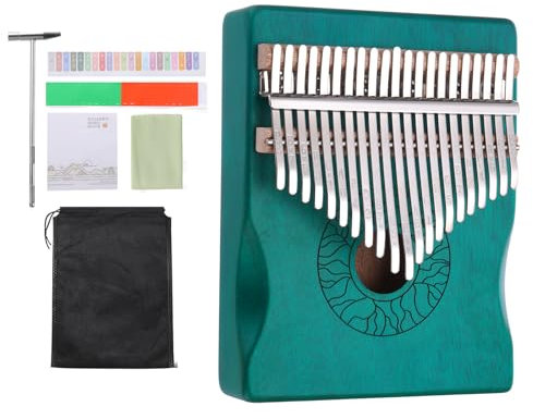 sourcing map Piano de pulgar de 21 teclas, mini piano de dedo portátil azul, pasamanos con patrón de flores de madera de koa maciza con martillo de afinación, instrucciones de estudio de partituras