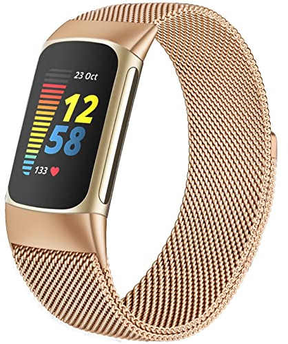 Magnetisch Metall Armband Kompatibel mit Fitbit Charge 6/Fitbit Charge 5 Armband für Damen Herren, Magnetverschluss Maschen Schleife Verstellbares Metall Bänder für Fitbit Charge 6/Fitbit Charge 5
