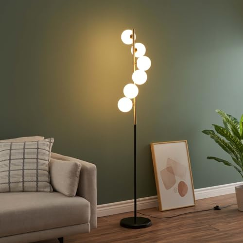 Kosilum – Stehleuchte, Design Schwarz und Messing, Kugeln weiß – Sierra – Licht warmweiß Beleuchtung Wohnzimmer Schlafzimmer Küche Flur – 6 x max 5 W – G9 – IP20