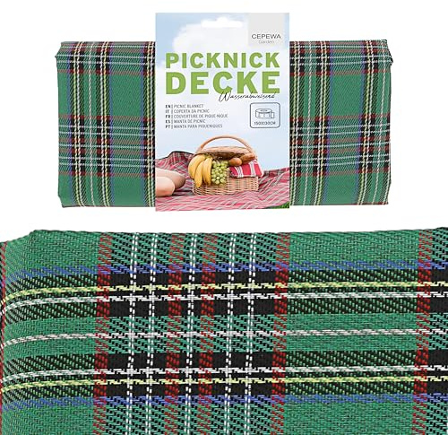 Cepewa Picknickdecke Beschichtung wasserabweisend | 150x130 grün Polyester Polyethylen | Decke mit Karomuster rechteckig Outdoordecke (1 x Picknickdecke grün)