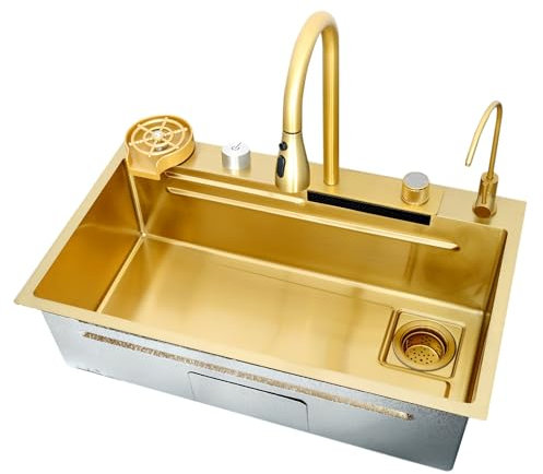 AIVANOTO Fregadero De Cocina Dorado, Fregadero De Cocina De Acero Inoxidable con Cascada, Lavabo Integrado, con Grifo Extraíble, Lavavasos, Juegos De Desagüe, para Montaje Superior(80x45x22cm)