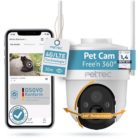 PetTec PetCam Free'n 360 4G LTE Überwachungskamera [OHNE ABO-Falle] für außen mit Akku & Pan&Tilt Funktion - Outdoorkamera 3MP Ultravision, Bewegungserkennung, 20m Nachtsicht IP65 Flutlicht Sirene