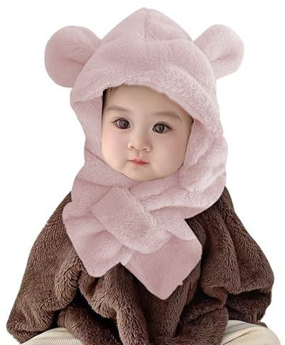 WIYETY Baby schlupfmütze Baby Schalmütze: Warm Niedlich Bär Babymütze mit Bommel, Kindermütze für Kleinkind für Baby Junge Mädchen 6-36 Monate (Rosa Bär)
