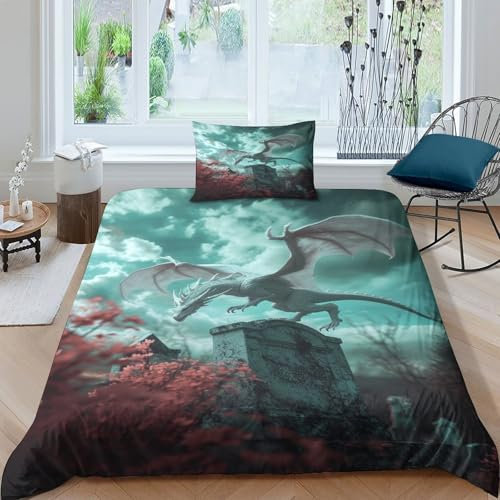 Xiputvl Dragon Bettbezug Set Bettwäsche Kinderbettwäsche-Set Reißverschluss Mit Kissenbezügen Betten Set Für Jugendliche Kinder Schlafzimmer Single（135x200cm）