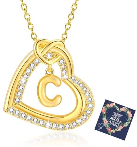 Esmoly Kette Damen Silber Necklace Women Zirkonia Herz Anhänger Kette mit Buchstaben A-Z Halskette Damen Geschenke für Frauen Freundin 17.2+2 Inches (Gold C)