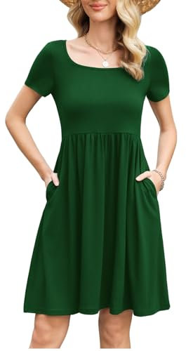 Zeagoo Women's Summer Dress Crew Neck Sundress Short Sleeve Casual Dresses Floral Knee Long with Pockets Solid Color Green L