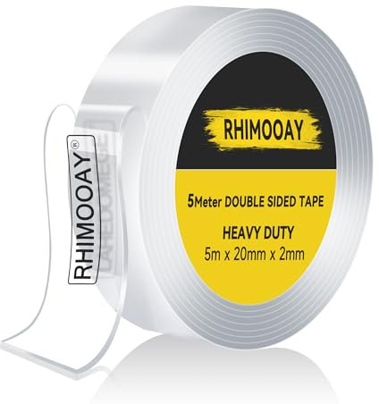 Rhimooay 5 Meter Doppelseitiges Klebeband Extra Stark Transparent - 2mm dick, 20mm Breit ablösbar nicht markierend Doppelseitiges transparentes Nano tape, für Teppich/Foto Wand/Küche/Zuhause