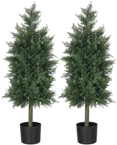 HOMCOM - Lote de 2 plantas artificiales de cedro, árbol artificial exterior e interior, altura 90 cm, con maceta, conífera, 38 x 12,5 x 90 cm, verde