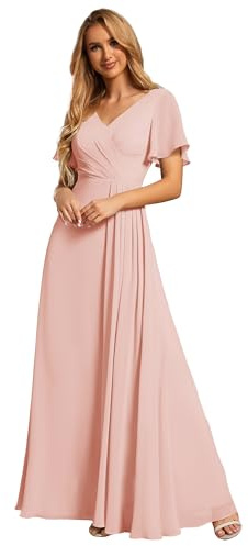 Ever-Pretty Vestido de Dama de Honor Elegante Manga Larga con Volantes Abertura Formal Rosado 42