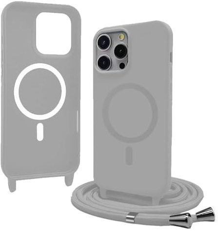 Bigcousin Handykette für iPhone 12 Pro Hülle mit Band,Magnetisch kompatibel mit Magsafe,Silikon Necklace Handyhülle mit verstellbar und abnehmbar,Hellgrau