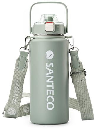 SANTECO Bouteille isotherme, en acier inoxydable, avec paille, 1,2 l, sans BPA, avec bandoulière amovible, anti-fuite, passe au lave-vaisselle, pour la course, la randonnée, gris