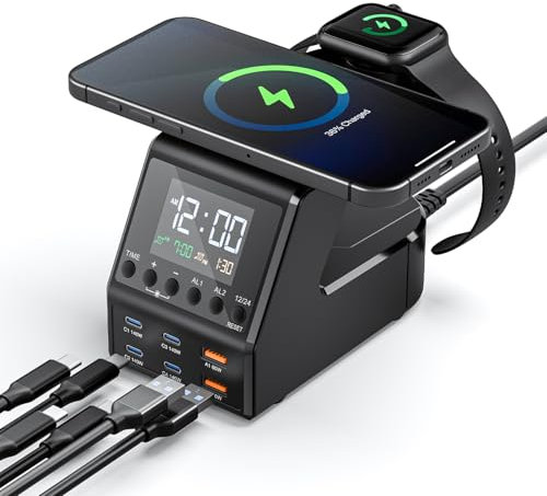 240W Charging Station for Multiple Devices,8-Port Wireless Charger USB C Fast for MacBook/iPhone/Android Phones/iPad/Tablets,Home Multi-Device Organizer Charging Dock with Alarm Time Display