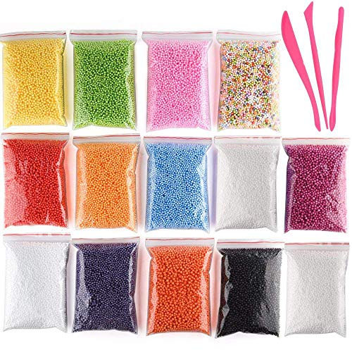 Kueohse Micro-Polystyrene Beads Small Foam Balls Slime Beads Set with 3 Slime Tools Fit for Slime Making Art DIY Craft, (Contain No Slime)
