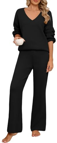 CMTOP Zweiteiler Damen Pullover Sets Freizeitanzug Elegant V Ausschnitt Langarm Strickpullover Top Lange Elastische Taille Weite Hose Lounge Set Hausanzug