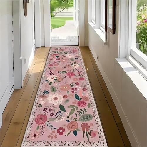 Kuluoits Floral Hallway Runner Rug,65x240cm, Cute Tropical Plant Girl Bedroom Pink Runner Floor Mat, Non-Slip Non-Linting Easy to Clean Kitchen Hallway Carpet for Living Room Bedroom Office Doorway