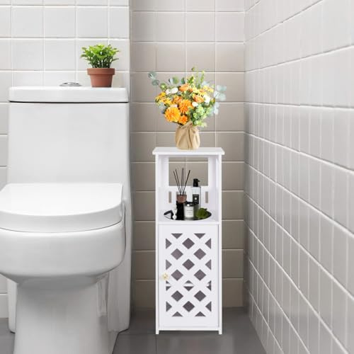 powerking Small White Bathroom Storage Cabinet, 3 Tier Freestanding Organizer with Doors, Waterproof Storage Floor Cabinet for Bedroom, Toilet, Living Room, Office 60 x 20 x 20 CM