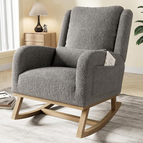 Générique Fauteuil à Bascule en Tissu Peluche, Fauteuil de Salon avec Coussin Rembourré, Poche Latérale et Accoudoirs, Rocking Chair, Chaise a Basule pour Salon, Chambre, Gris