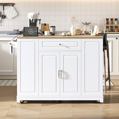 Merax Kücheninsel mit Rollen & Steckdose, klappbarer Arbeitsplatte | Küchenwagen mit USB/Type-C, Stauraum & ausziehbarer Arbeitsfläche, mobiles Sideboard ohne Abfallfach für moderne Küchen