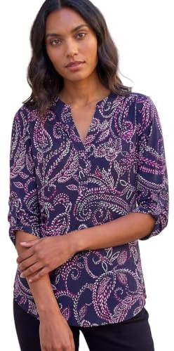 Roman Shirt for Women UK Ladies Top Collarless Blouse Stretchy Tunic Smart Casual Autumn Winter Jersey 3/4 Length Sleeve Notch V Neck Flattering Office Work - Navy Leaf - Size 18