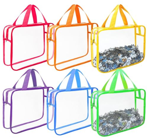 6 Pcs Toy Storage Bags with Handles 11.8x8.7x3.9 Inch-Clear PVC Organizing Bags with Zipper Reusable Waterproof Toy Container-Travel Case Pouch for Building Blocks Puzzle (6 Colors)