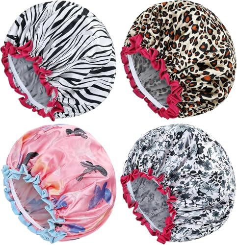 Premium Double Layer Waterproof Shower Cap Set (Pack of 4) – Reusable Luxury Satin Bath Caps, Comfortable Elastic Hair Protector for Long, Thick, and Frizzy Hair