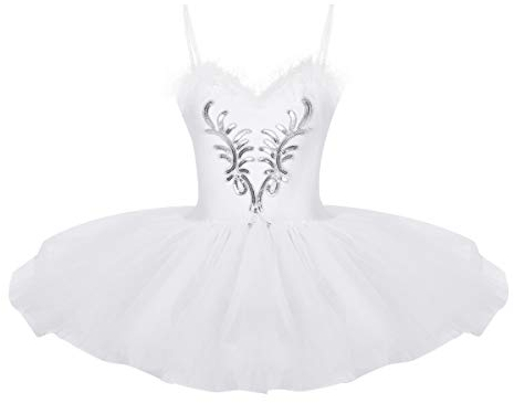 iEFiEL Damen Ballettkleid Ballettanzug Ballett Trikot Tanzkleid Weiß Tanz-Kostüm mit Tüll Rock Gr. XS S M L XL (XX-Large, Z Weiß)