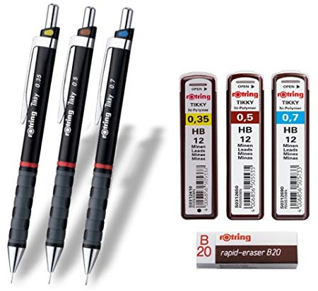 rOtring 801310 Tikky Druckbleistift (black Barrel, 3-teiliges Set) (Bleistift + Minen + Radiergummi, Schwarz)