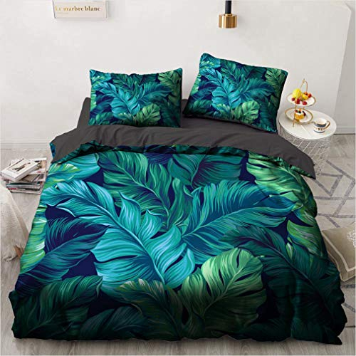 NEWAT Bohemia Botanische Pflanze Bettbezug, tropischer Wald, grüne Palmblätter, Vögel und Blumen, Bettwäscheset mit Kissenbezügen, für Mädchen, Frauen, Erwachsene (U, 135 x 200 cm)