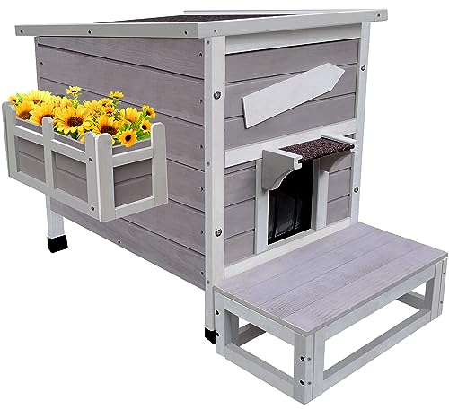 HiCaptain Niche d'extérieur pour chat - Résistante aux intempéries - Avec porte d'évacuation - Maison extérieure en bois à un étage - Pour chats, chiots et petits animaux de compagnie - Gris