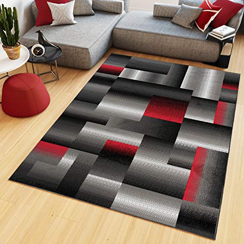 TAPISO Maya Kollektion Teppich Kurzflor Modern Vierecke Streifen Design Schwarz Grau Rot Weiß Meliert Verwischt Wohnzimmer Schlafzimmer ÖKOTEX 160 x 220 cm