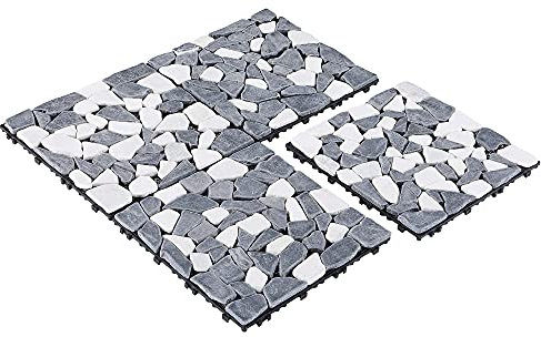 PURE ERA Marble Pebble Deck Patio Floor Tiles (4-Sheets) 12”x12” Interlocking Indoor and Outdoor Use Tile Natural Stones Quick and Easy Installation 4 sq. ft (4, Sliced Black and White)