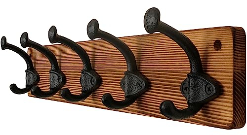 WEBI Rustic Coat Hooks Wall Mounted,5 Cast Iron Hooks,Coat Rack Wall Mounted Coat Hanger,Vintage Hooks for Hanging Coats,Jacket,Clothes,Brown