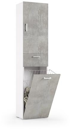 Terraneo mobile multiuso con cestello portabiancheria estraibile, finitura bianco con anta effetto cemento – Arredo salvaspazio bagno/lavanderia 45x32x195 cm
