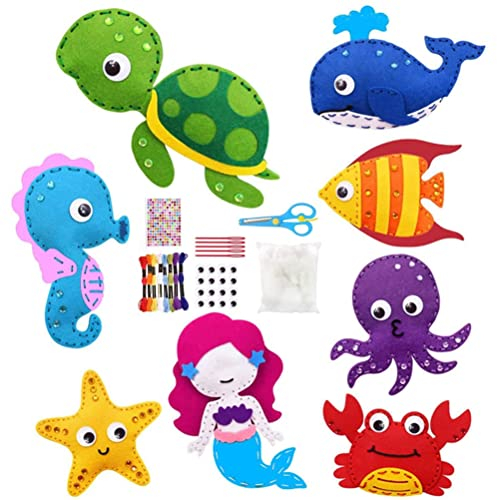 Sahgsa Kinder Filz Nähset, 8 Stück Filz Bastelsets Filz Nähen Kits Meerestiere DIY Kunst Handwerk und Nähen Set Kinder pädagogische Anfänger Nähen gefüllte Filz