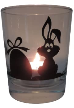 Lichtidee Teelicht Glas Windlicht Tischlicht Print mit Hase mit Ei schwarz Handmade Unikat Ostern Muttertaggeschenk, Höhe 8cm,