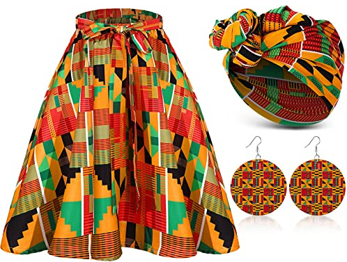 Coume 3 Pcs Women African Dashiki Skirt Traditional Costume African Bohemian Head Wrap Scarf Drop Dangle Earring (Large)