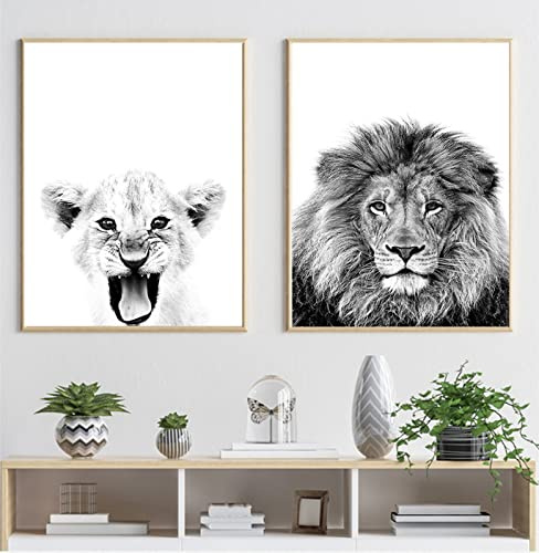 OTURRI Baby Tier Kinder Wand Bilder Leinwand Gemälde Löwenjunges Poster Kunstdrucke Schwarzweiß Löwin Tiere Safari Kinderzimmer Wandbilder Dekor 30 x 50 cm x 2 ungerahmt