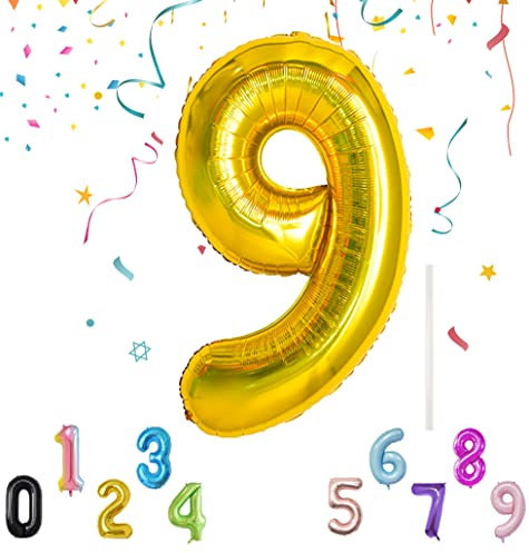 Luftballon mit Strohhalm 100cm-40 XXL Riesen Folienballon für Geburtstagsdeko Jubiläum, Helium Zahlenballon für Deko zum Party, Wiederverwendbare Folienballons - Gold Zahlen 9 Luftballon