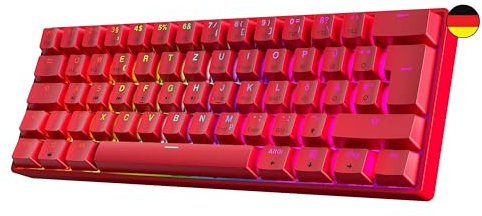GK61 Hot-Swap Mechanische Gaming-Tastatur - 62 Tasten Mehrfarbige RGB-LED-Hintergrundbeleuchtung für PC-/Mac-Spieler - ISO Deutsches Layout (Gateron Optical Black, Rot)