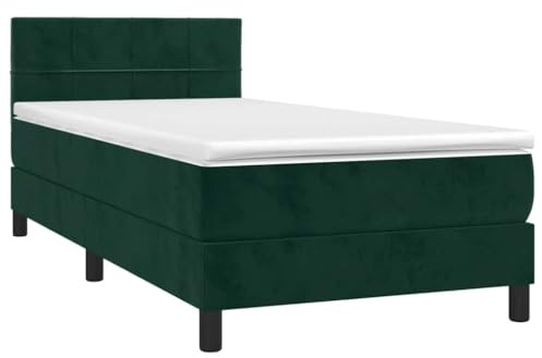 vidaXL Boxspringbett mit Matratze LED Polsterbett Bett Einzelbett Bettrahmen Bettgestell Lattenrost Schlafzimmerbett Hotelbett Dunkelgrün 100x200cm Samt