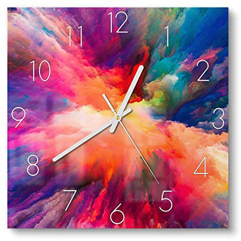 DEQORI Glasuhr | 30x30 cm | Motiv Bunte Farbwolke | ausgefallene leise Design Uhr aus Glas | Wanduhr für Wohnzimmer & Küche | moderne Hingucker Uhr für die Wand