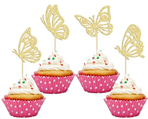 Gyufise 36Pcs Butterfly Cupcake Toppers Gold Glitter Assembled Flying Butterfly Cake Topper Decorations for Wedding Engagement Bridal Shower Kids Birthday Party Cake Decorations
